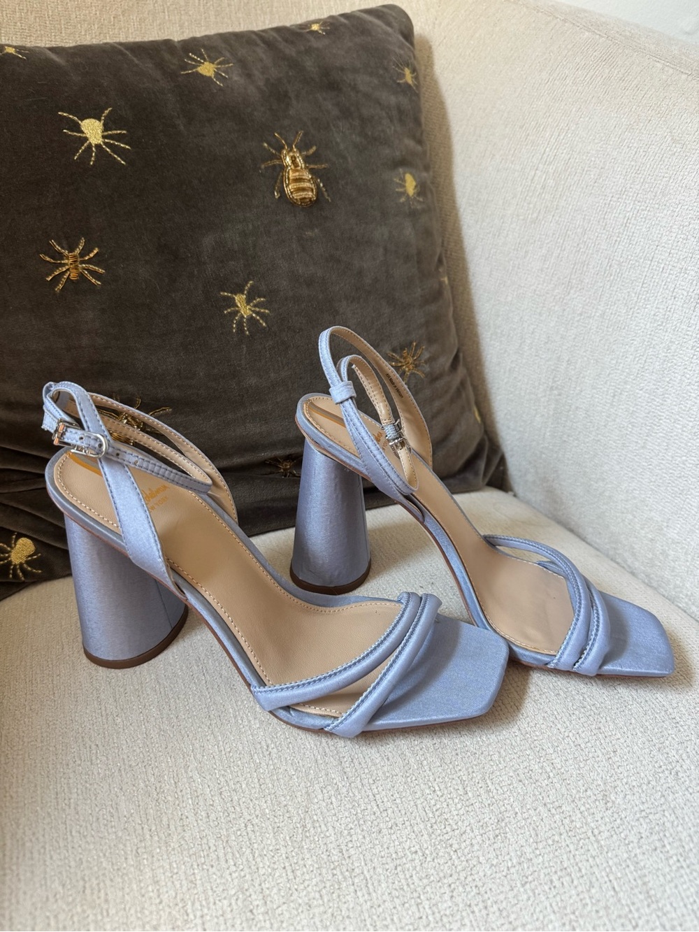 Sam Edelman Kia Light Periwinkle Blue Satin Block Heel Slingbacks